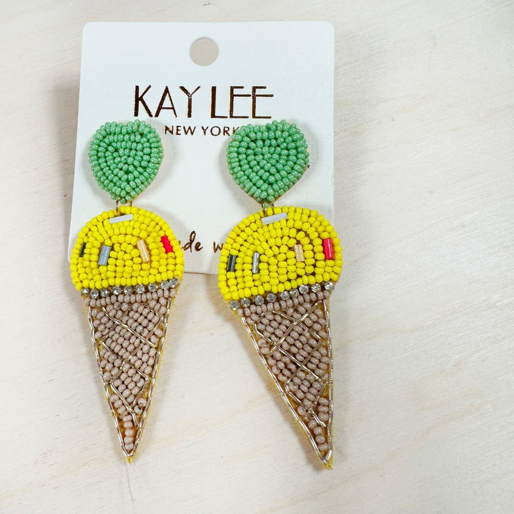 NWT Kay Lee‎ Seed Beaded Ice Cream Cone Boho Party Accent Earrings Handmade